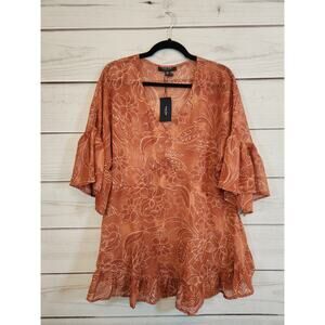 Arna York Collection Womens Rust Brown Floral Half Sleeve Sheer Blouse 14/16 NWT
